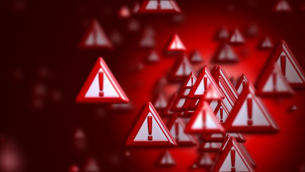 Group of signs with exclamation marks on a red backdrop, as a concept and warning sign of the wrong choice from the internet community in cyberspace. Abstract futuristic horizontal background.