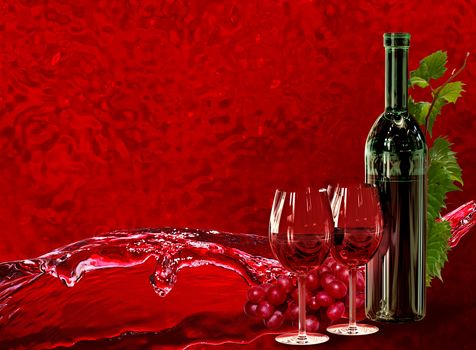 Bottle of red wine, wineglass, grapes and its green leaves with dynamics wine splash on red background as the concept of coolness, freshness and attractiveness of wine products