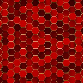 Abstract minimalistic modern technological background with red hexagon cells and gold frames of honeycombs.