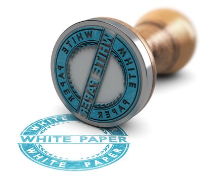 3d illustration of a rubber stamp over white background with the text white paper printed in blue color