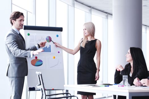 Business presentation in office , spreaker showing reports at whiteboard