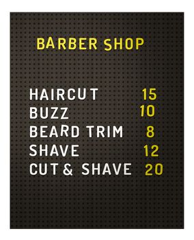 Isolated Retro Vintage Black Peg Board At A Barber Shop With Prices On A White Background