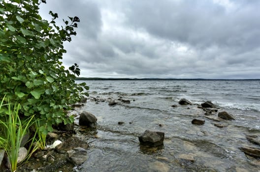 rocky shore with lake view, South Ural lake Uvildy