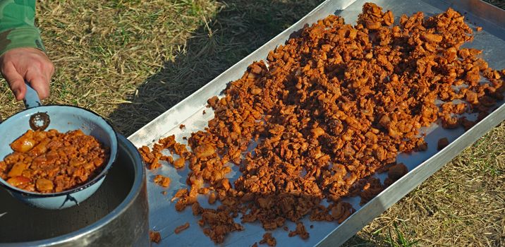 Freshly made crackling, well-browned, crisp rind of roasted pork