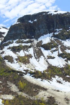 Spring mountains with melting snow and trees in Norway, Stolsheimen