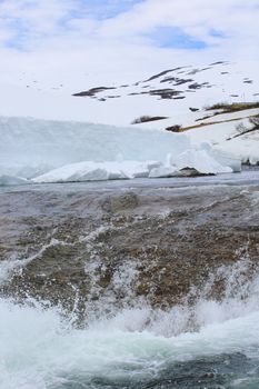 Spring glacial river of melting snow in mountains of Norway