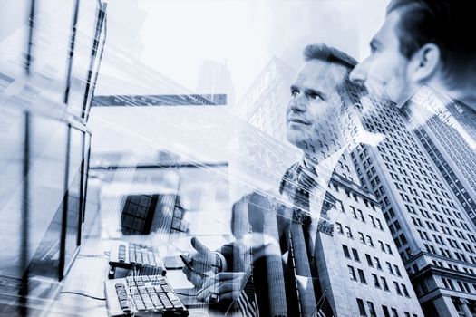 Corporate business, finance, stock market and economic prosperity conceptul collage. Wall street brokers and wealth managers against new york stock exchange reflection. Greyscale blue toned image.