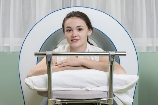 Magnetotherapy. Rehabilitation of the sick person magnetic field. Woman's portrait.