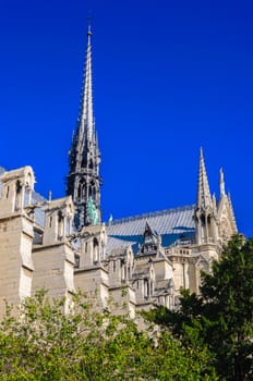 PARIS, FRANCE - APRIL 15, 2019: Notre Dame de Paris cathedral in France. Gothic architecture