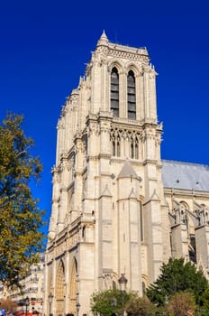 PARIS, FRANCE - APRIL 15, 2019: Notre Dame de Paris cathedral in France. Gothic architecture