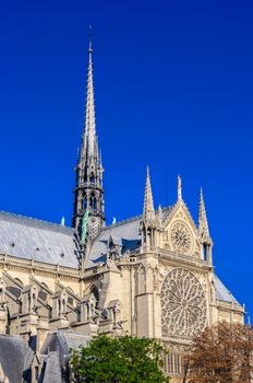 PARIS, FRANCE - APRIL 15, 2019: Notre Dame de Paris cathedral in France. Gothic architecture