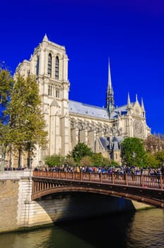 PARIS, FRANCE - APRIL 15, 2019: Notre Dame de Paris cathedral in France. Gothic architecture