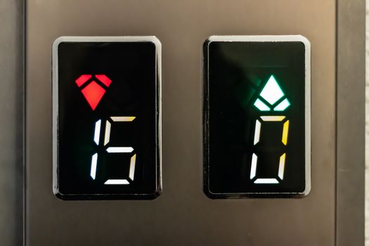 a closeup shoot of elevator signs with up and down arrows and numbers. looking good with sharp colors and clear perspective.