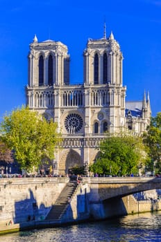 PARIS, FRANCE - APRIL 15, 2019: Notre Dame de Paris cathedral in France. Gothic architecture