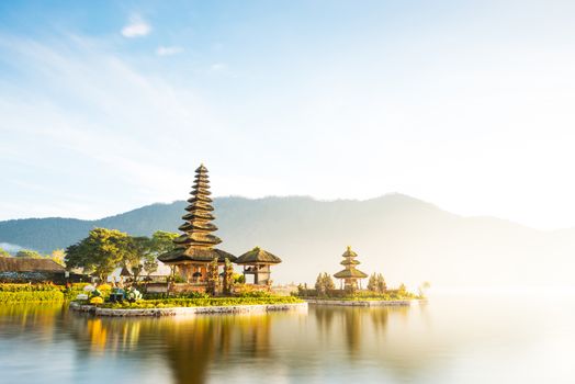 Long exposure shot of Pura Ulun Danu Beratan temple at sunrise in Bali, Indonesia