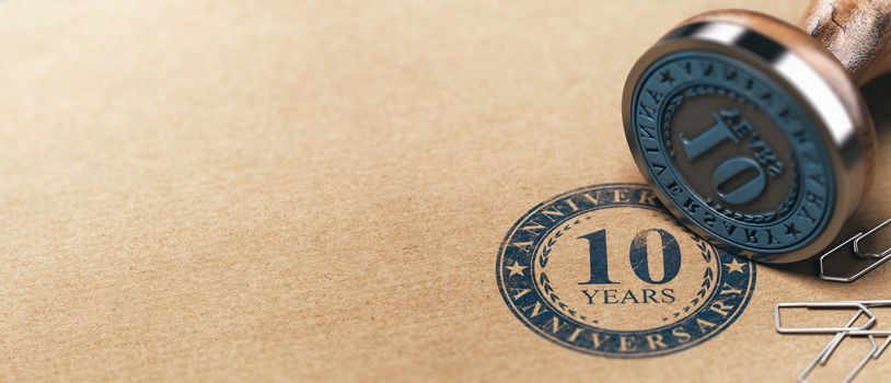 3d illustration of a rubber stamp with the text ten years anniversary printed on a brown paper. Tenth year celebration card background.