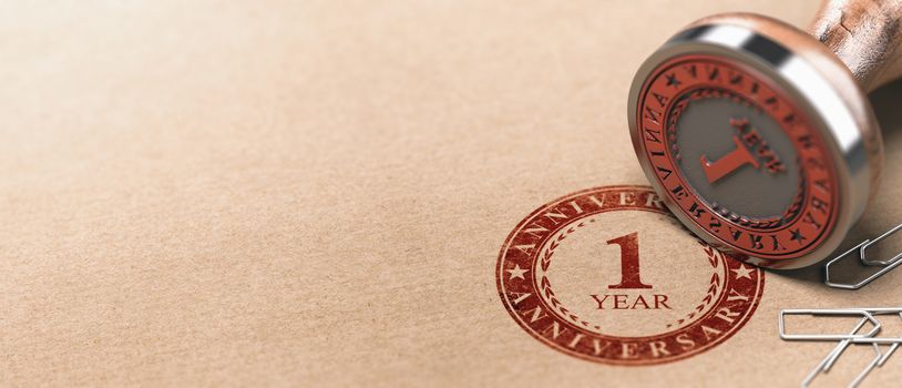 3d illustration of a rubber stamp with the text one year anniversary printed on a brown paper. First celebration card background.