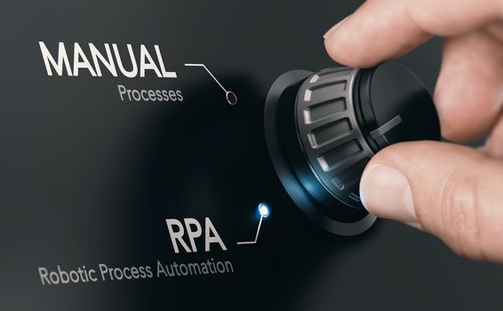 Hand turning a knob over dark grey background and selecting RPA (Robotic Process Automation) mode. Artificial Intelligence concept. Composite image between a hand photography and a 3D background.