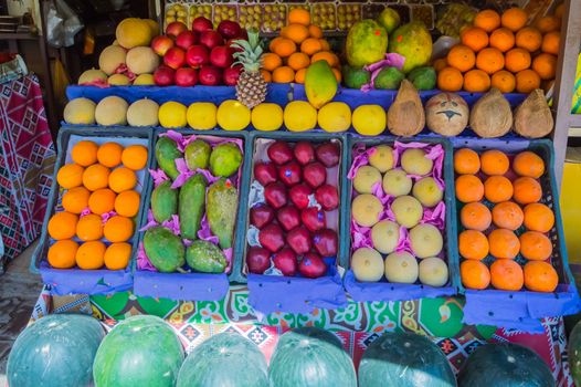 EGYPT, HURGHADA - 01 Avril 2019:Display of fruits in a shop of the city of Hurghada in Egypt