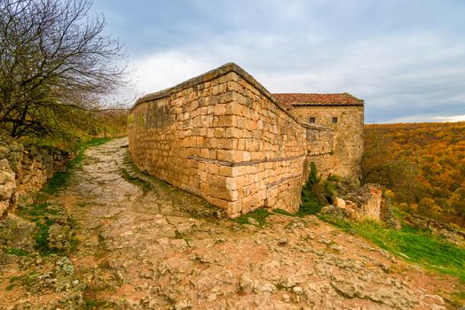 Ancient buildings of the old cave city of Chufut-Kale in Crimea, Russia