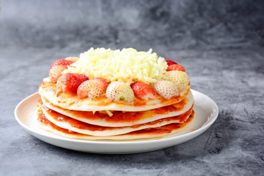 pizza with strawberry and cheeses, sweet pizza, layer cake pizza pn white background