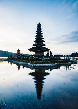 Pura Ulun Danu Beratan temple at sunrise in Bali, Indonesia