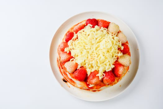 pizza with strawberry and cheeses, sweet pizza, layer cake pizza pn white background