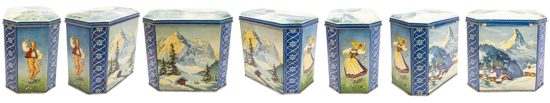 Isolated metal box with painting of a mountain winter scene