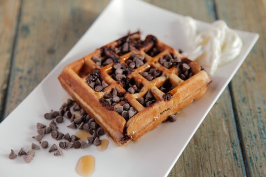 Chocolate chip waffle with whipped cream