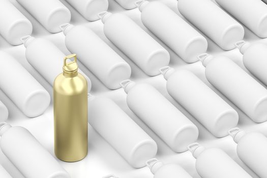 Golden bottle among other blank white bottles, concept image