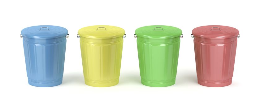Metal trash cans with different colors on white background
