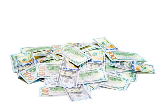 A pile of 100 dollar bills piled on white background isolated