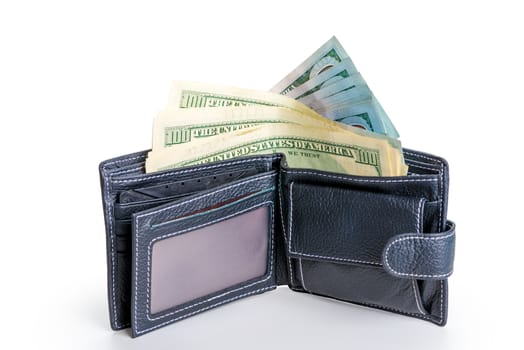 leather black wallet full of 100 dollar bills on a white background isolated