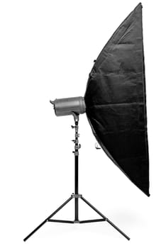 side view of a rectangular soft box on a rack on a white background in the studio isolated