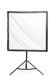 studio flash with a square softbox on the rack on a white background