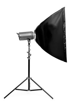 side view studio flash with square softbox on rack on a white background