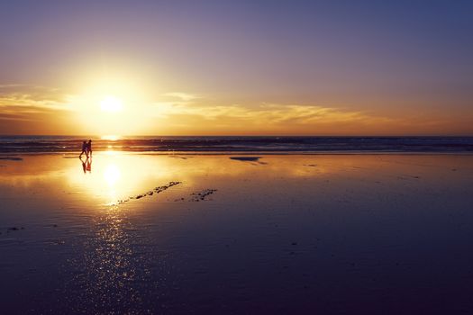 silhouette of a couple strolling on the beach, walk at sunset over the reflection of the sun on the wet sand