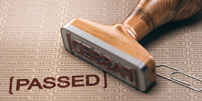 3d illustration of a rubber stamp with the text passed and a brown paper with the repeated phrase psychological test printed on it. Pre-employment testing concept.