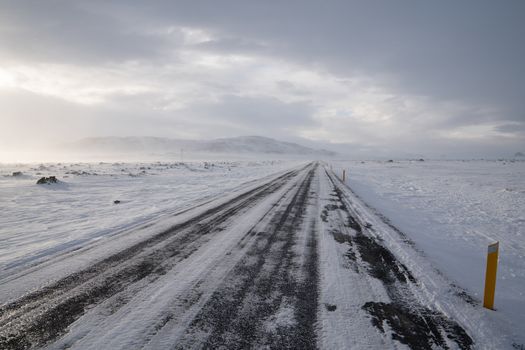 Road into the blizzard, winter in Iceland, Europe