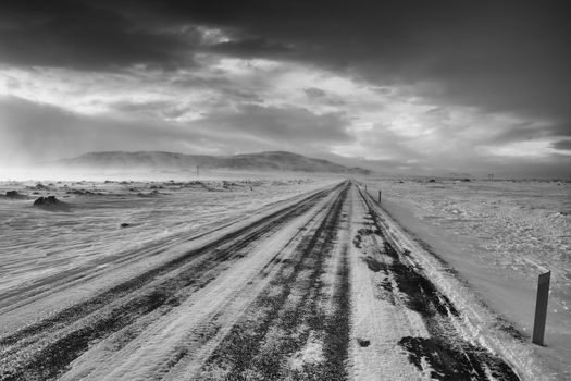 Road into the blizzard, winter in Iceland, Europe