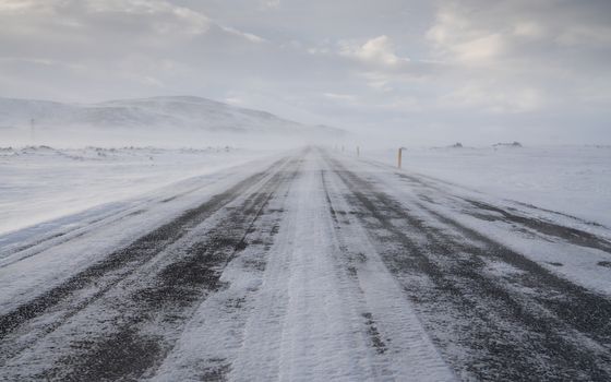 Road into the blizzard, winter in Iceland, Europe