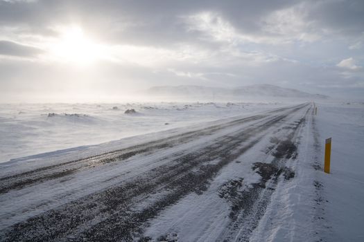 Road into the blizzard, winter in Iceland, Europe