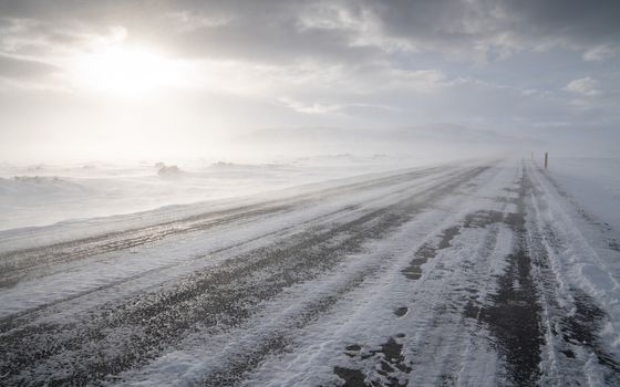 Road into the blizzard, winter in Iceland, Europe