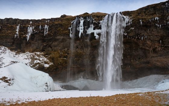 Beautiful Seljalandsfoss on a cold winter day, Iceland, Europe