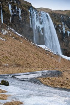 Beautiful Seljalandsfoss on a cold winter day, Iceland, Europe