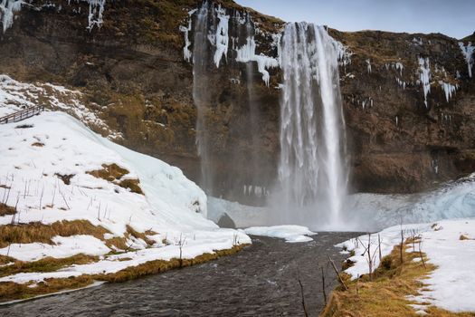 Beautiful Seljalandsfoss on a cold winter day, Iceland, Europe