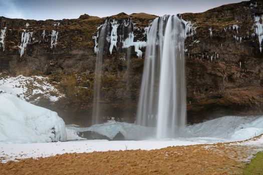 Beautiful Seljalandsfoss on a cold winter day, Iceland, Europe