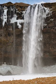 Beautiful Seljalandsfoss on a cold winter day, Iceland, Europe