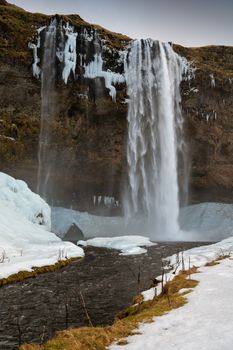 Beautiful Seljalandsfoss on a cold winter day, Iceland, Europe