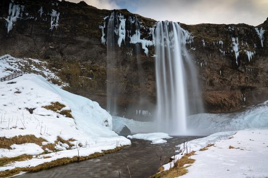 Beautiful Seljalandsfoss on a cold winter day, Iceland, Europe